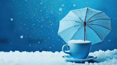 Focus blue color of coffee cup on wooden table with Blue umbrella. Generative Aiの素材