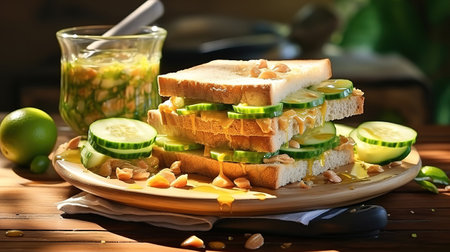 A sandwich with tomatoes and cheese and apples. Generative Aiの素材