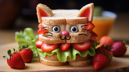 Funny cute cat sandwich with peanut butter, banana and strawberry for kids. Generative Aiの素材
