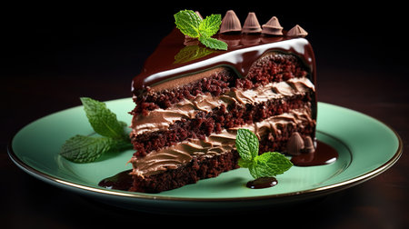 A plate of food with a piece of chocolate cake on it. Generative Aiの素材