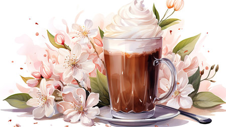 Watercolor Illustration of a Artistic Beautiful Romance Hot Chocolate. Generative Aiの素材