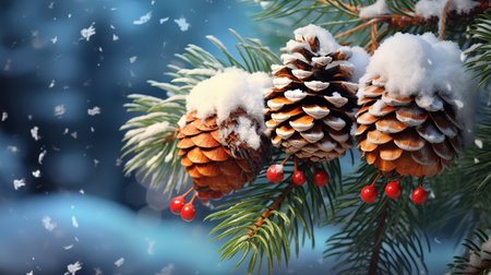 Christmas Decoration greeting card, Snowy Pine Cones On Fir Branch. Generative Aiの素材