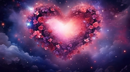 Heart made of beautiful flowers on colorful background bouquet of flowers. Generative Aiの素材