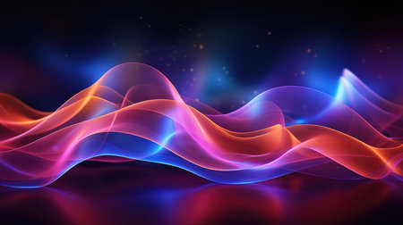 Abstract futuristic background with gold PINK blue glowing neon wave lines. Generative Aiの素材
