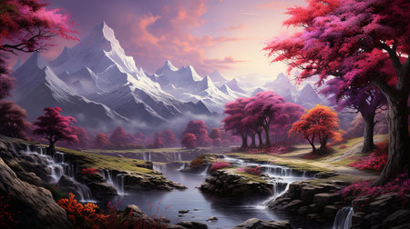 A colorful painting of a mountain landscape with a tree in the foreground. Generative Aiの素材