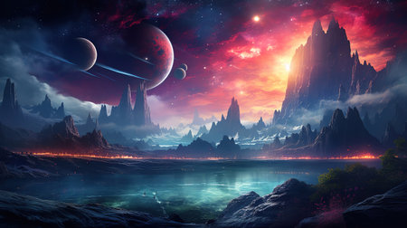 Deep space planets, science fiction imagination of cosmos landscape, Bright color. Generative Aiの素材