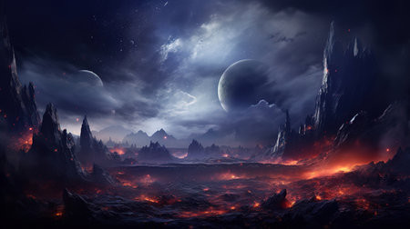 Cosmic background with alien planet and deserted landscape with mountains. Generative Aiの素材