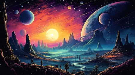 Alien planet landscape in retro dotwork style, Planets and satellites. Generative Aiの素材