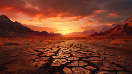 Arid desert landscape in sunset, Science fiction digital painting. Generative Aiの素材