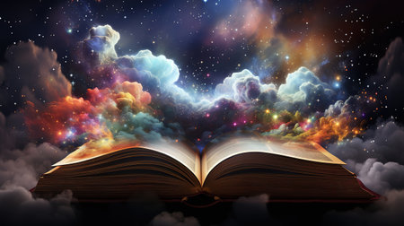 Open book with galaxy milky way stars other dimension cloud space. Generative Aiの素材