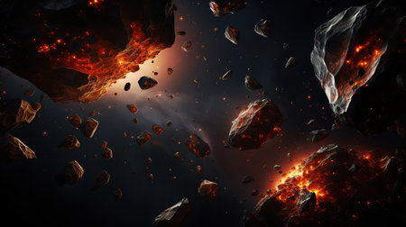 A swarm of asteroids, isolated, banner format, Bright color. Generative Aiの素材