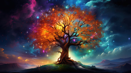 Key visual of colorful tree of life in front of a galaxy, Bright color. Generative Aiの素材