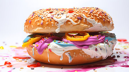 A multigrain bagel with cream cheese, Bright color. Generative Aiの素材