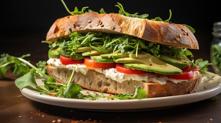 Colorful tasty salted salmon with vegetables on sandwich. bright background. Generative Aiの素材