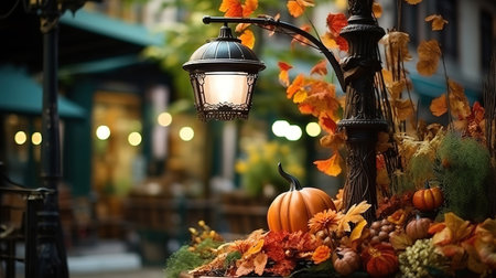 Orange pumpkin and retro forged lantern with maple leavesflowers and hawthorn berries. Generative Aiの素材
