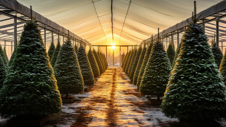 Decorative small christmas trees are raised in the greenhouse. Generative Aiの素材