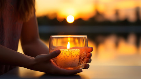 Candle on a wooden table Yogic meditation with a sunset background. Generative Aiの素材