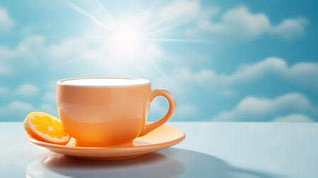 Sun and white cup on blue background, good morning concept. Generative Aiの素材