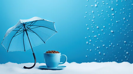 Blue umbrella and coffee with snow on blue background representing Blue Monday. Generative Aiの素材