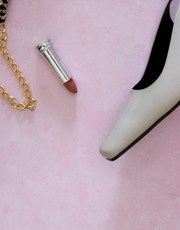 Top view of woman beauty accessories shoes, lipstick, necklace, with text spaceの写真素材