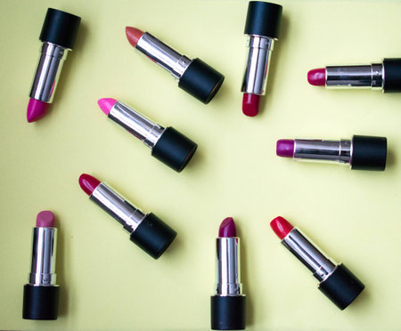 Top view of lipsticks in light background with copy spaceの写真素材