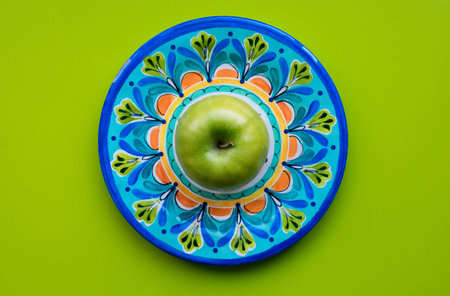 Green apple in Talavera plate with bright green backgroundの写真素材