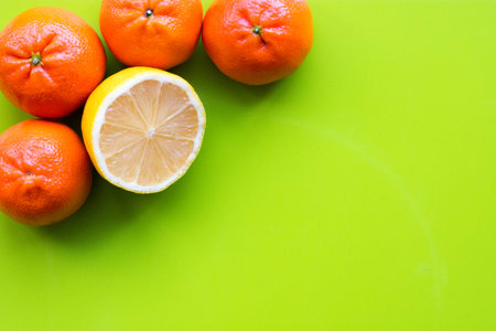 Fresh lemon and clementines in bright green background with copy spaceの写真素材