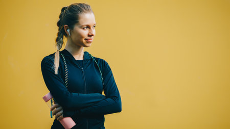 Attractive caucasian girl on yellow isolated background with wireless headphones in sport suit make...
