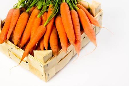 carrots in a box on white background and copy spaceの写真素材