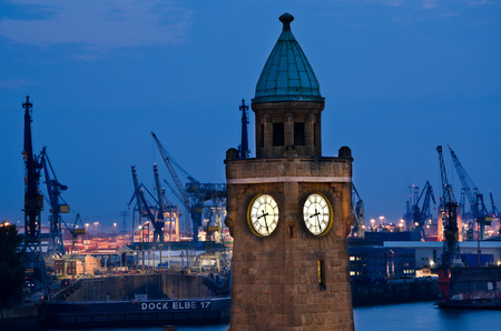 Hamburg at the pier Landungsbruecken in the eveningの写真素材