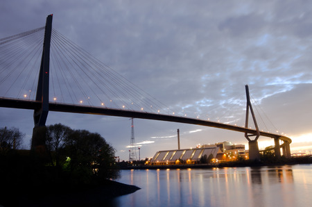 Hamburg Germany, Koehlbrandbridge in the evening, the bridge is a landmark from the 70ties,の写真素材