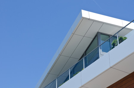 modern architecture, Penthouse detail view, blue sky, modern living,
