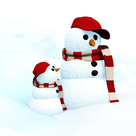 3D Illustration, little snowman is looking up to big snowmanの写真素材