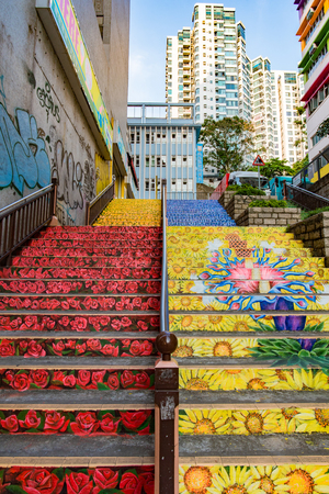 HONG KONG, CHINA - August 5, 2015 : Stair art painting on Nathan roadのeditorial素材