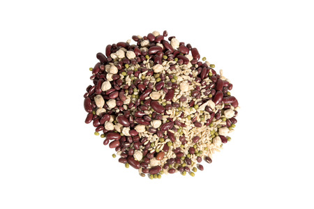 Organic 8 grain-beans dessert on white background  - Organic Adzuki, Organic Red Kidney Beans, Organic Chickpeas, Organic Brown Rice, Organic Raw Oat Groat, Organic Millet, Organic Mung Beans, Barley.の写真素材