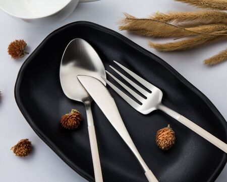 Stainless steel cutlery set on a plate
