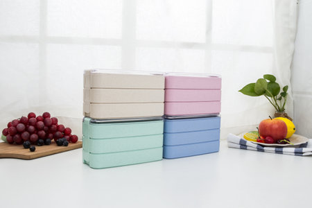 Colorful plastic bento cutlery boxes on the table