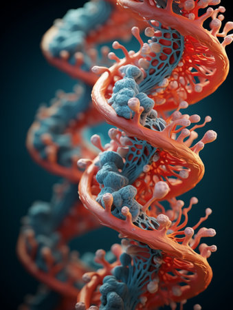 Biotechnology DNA molecular structure 3D and particles can be used to represent biotechnology, nucleotide genesの素材