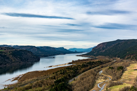 A shot of the Columia River Gorge. The river looks beautiful as it weaves through the valley.の写真素材