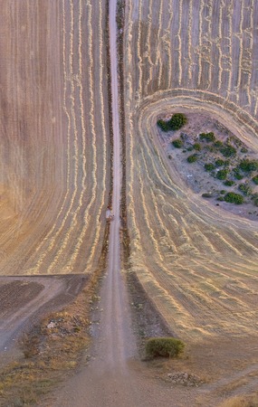 Aerial view of a wheat field recently harvested in Albacete, Spain (Flat land Effect)の写真素材
