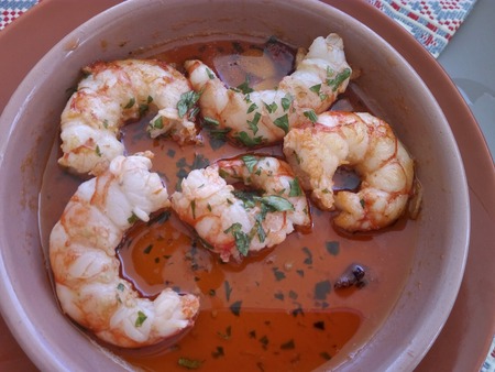 Jumbo Shrimp with garlic typical spanish Topの写真素材