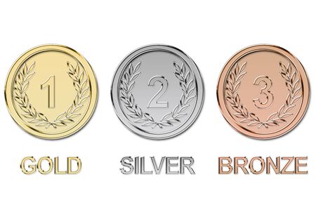 Illustration of Gold, silver and bronze medals with laurel wreath and numbers in reliefの写真素材