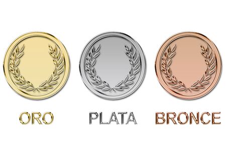 Illustration of Gold, silver and bronze medals with laurel wreath in relief in spanishの写真素材