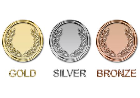 Illustration of Gold, silver and bronze medals with laurel wreath in reliefの写真素材