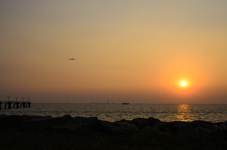 sunset in hong kong airportの写真素材