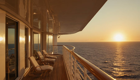 Sunset on the deck of a cruise ship in the Mediterranean Sea.の素材