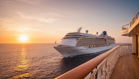 Cruise ship in the sea at sunrise. Panoramic viewの素材
