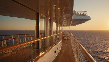 Cruise ship at sunset. Panoramic view from the deck.の素材