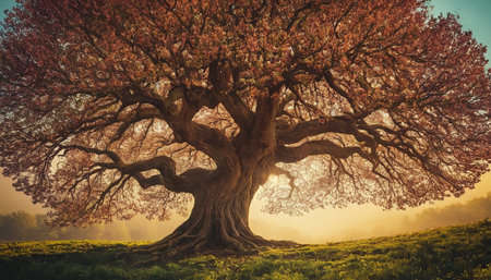 Beautiful old tree in the meadow at sunset. Vintage style.の素材