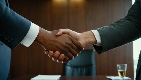 Close-up of two businessmen shaking hands in meeting room. Handshake conceptの素材